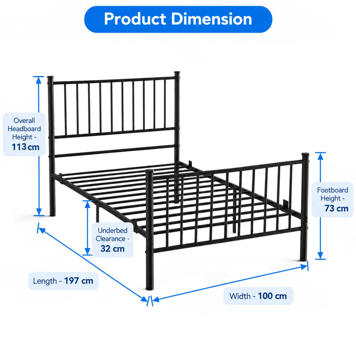[Black | Single] Size diagram showing 100x197cm frame, 113cm headboard, 73cm footboard, and 32cm under-bed clearance.