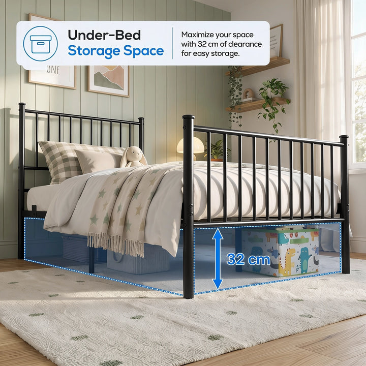 [Black | Single] Storage graphic showing baskets and a dinosaur-print box beneath the bed, with a blue 32cm clearance arrow.