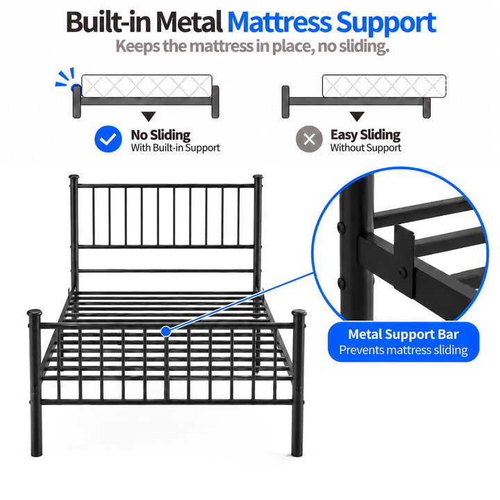 [Black | Single] Mattress support graphic showing metal slats, a raised stop close-up, and sliding comparison diagrams.
