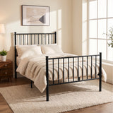 [Black | Single] Angled view of metal bed with white bedding, bar ends, centre leg, wooden nightstand, plant & bright window.
