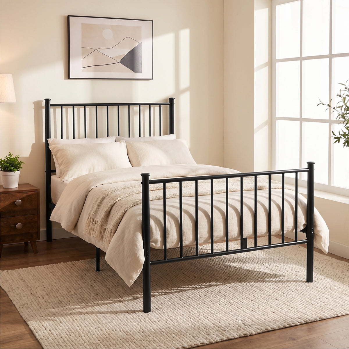 [Black | Single] Angled view of metal bed with white bedding, bar ends, centre leg, wooden nightstand, plant & bright window.