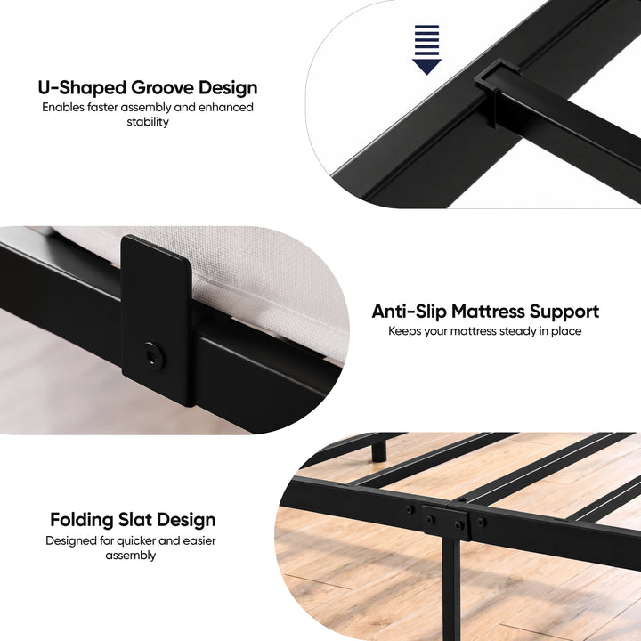 [Black | Single] Bed features showing U-shaped groove, anti-slip mattress support & folding metal slats for quicker assembly.