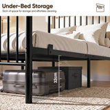 [Black | Single] Black metal single bed showing 32cm under-bed clearance with a suitcase & storage box beneath the bed frame.