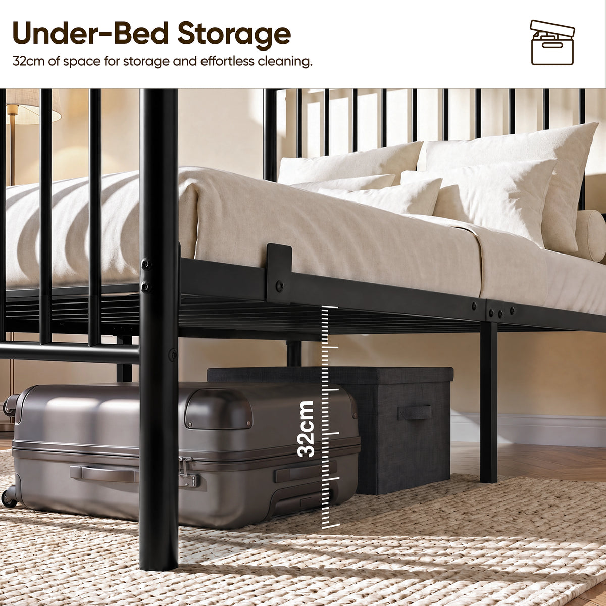 [Black | Single] Black metal single bed showing 32cm under-bed clearance with a suitcase & storage box beneath the bed frame.
