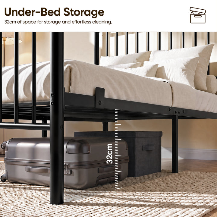 [Black | Single] Black metal single bed showing 32cm under-bed clearance with a suitcase & storage box beneath the bed frame.