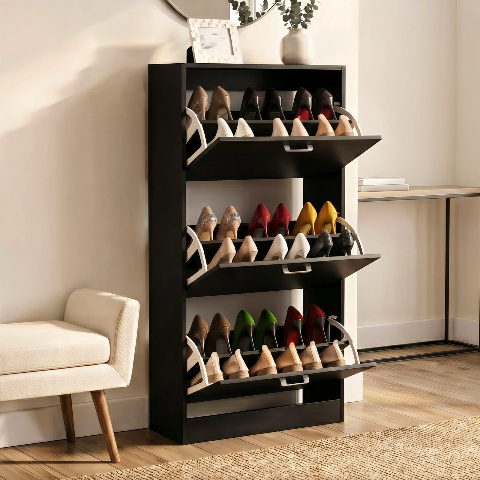 [Black] 3 Drawer Slim Shoe Cabinet For Hallway with all three pull-out compartments tilted extended open.