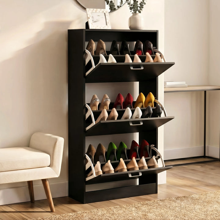 [Black] 3 Drawer Slim Shoe Cabinet For Hallway with all three pull-out compartments tilted extended open.