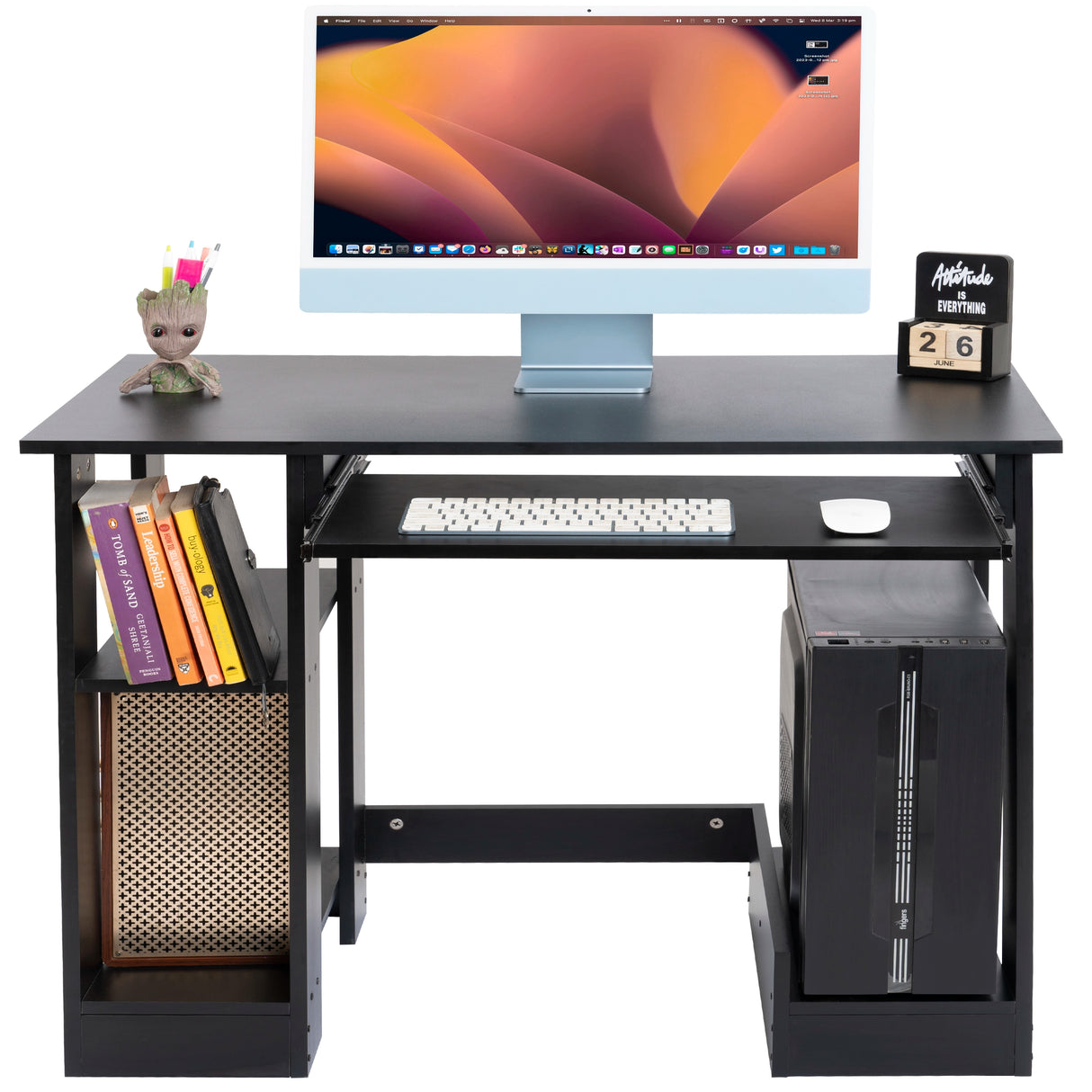 minimalist black computer desk with pull-out tray and tidy desktop accessories, ideal for stylish and compact workspaces