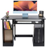 minimalist black computer desk with pull-out tray and tidy desktop accessories, ideal for stylish and compact workspaces