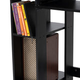 this black workstation desk features a sleek design with open shelves and tray, ideal for organized home office setups