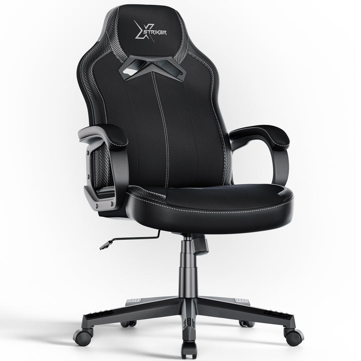 [Black] Xstriker Kids Gaming Chair in black fabric with padded armrests and adjustable height, ideal for home office or study desk use.