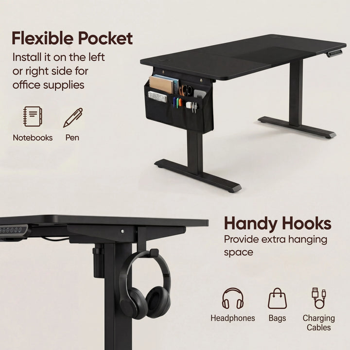 [110cm x 60cm] side fabric pocket on 110cm black standing desk holding pens and notebooks, hook below with headphones