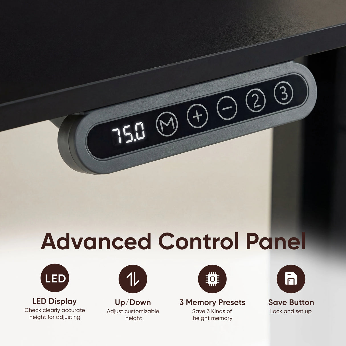 Advanced control panel on Black Electric Standing Desk with LED display, memory presets, and height adjustment buttons for ergonomic use.