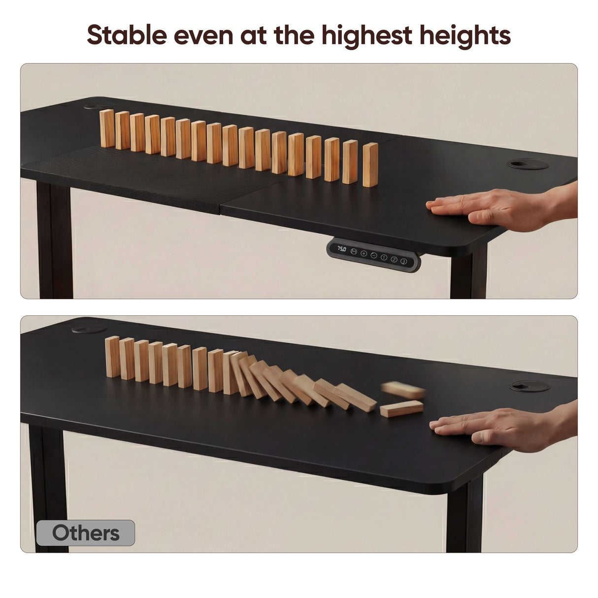 Black Electric Standing Desk - Adjustable Gaming Office Desk shown stable with upright dominoes, highlighting superior stability at high height settings.