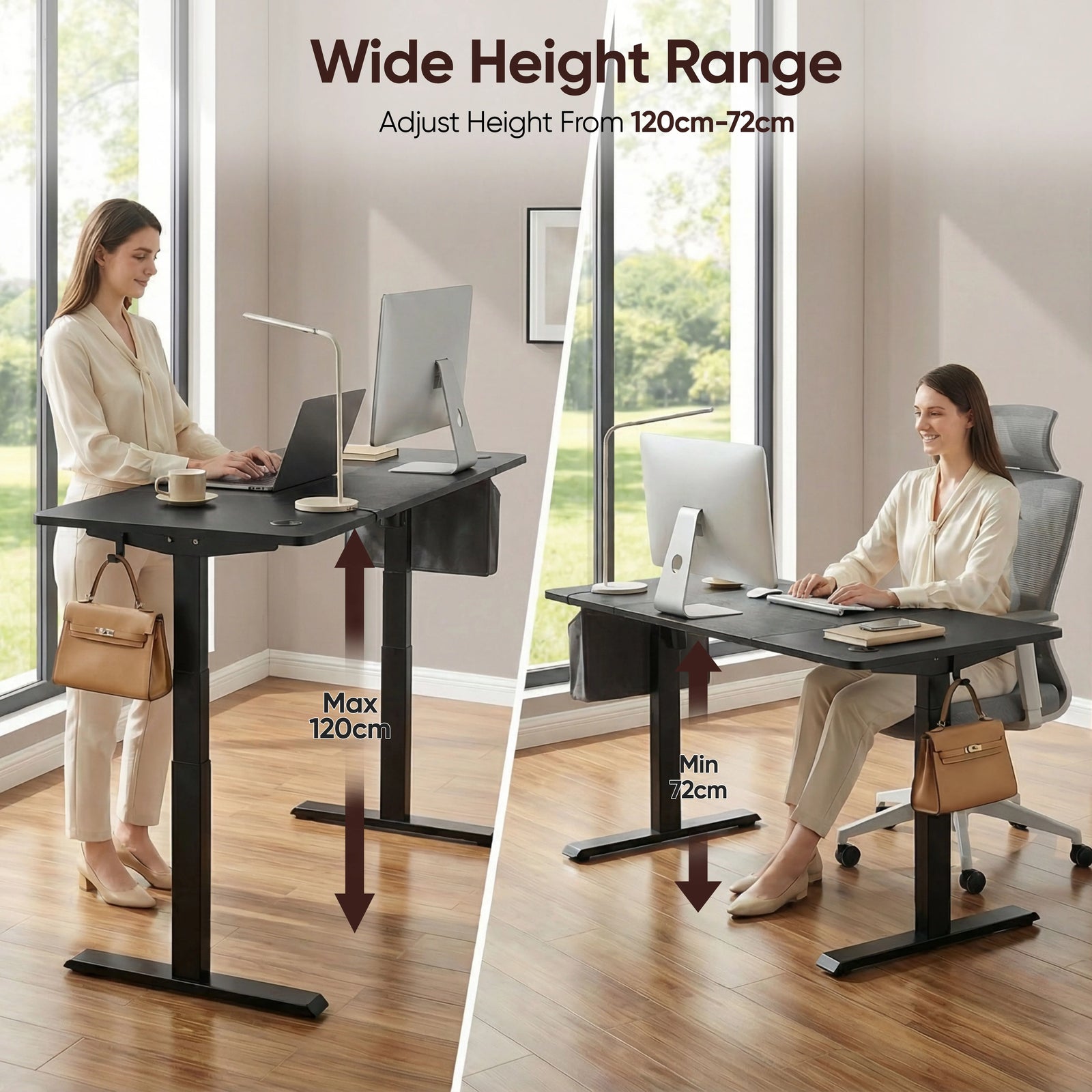 [140cm x 60cm] split view of 140cm black standing desk at 120cm max with woman standing and 72cm min with her seated