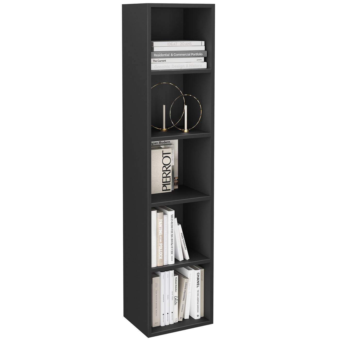 Modern black tall bookcase with 5 cube shelves, offering functional and elegant storage.
