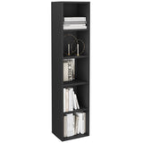 Modern black tall bookcase with 5 cube shelves, offering functional and elegant storage.