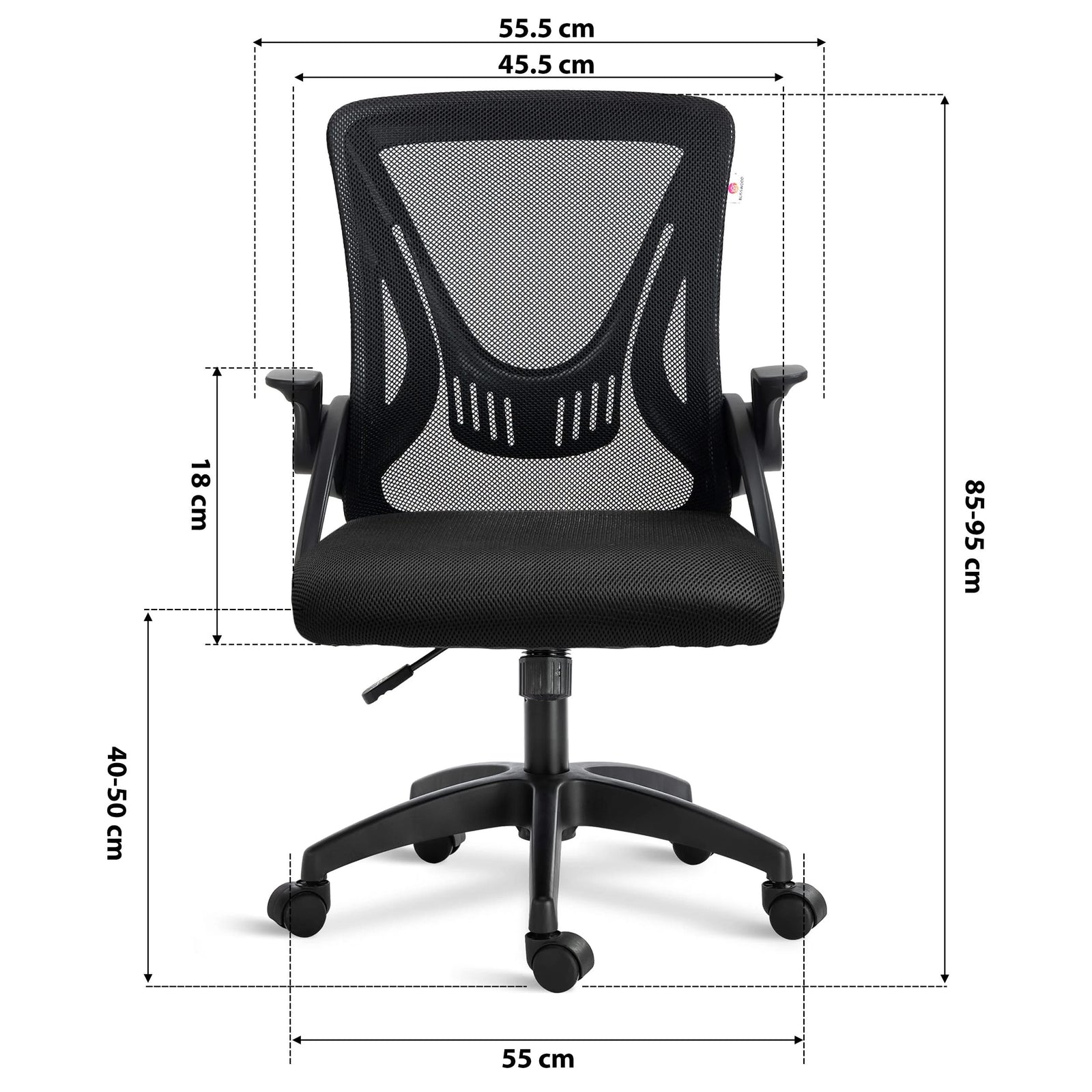 [Black] Dimensions of black small office desk chair: 45.5cm seat width, 55cm wheelbase, adjustable 85–95cm height & mesh backrest.
