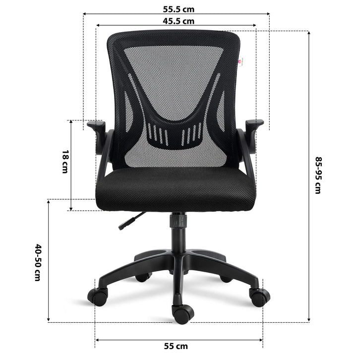 [Black] Dimensions of black small office desk chair: 45.5cm seat width, 55cm wheelbase, adjustable 85–95cm height & mesh backrest.