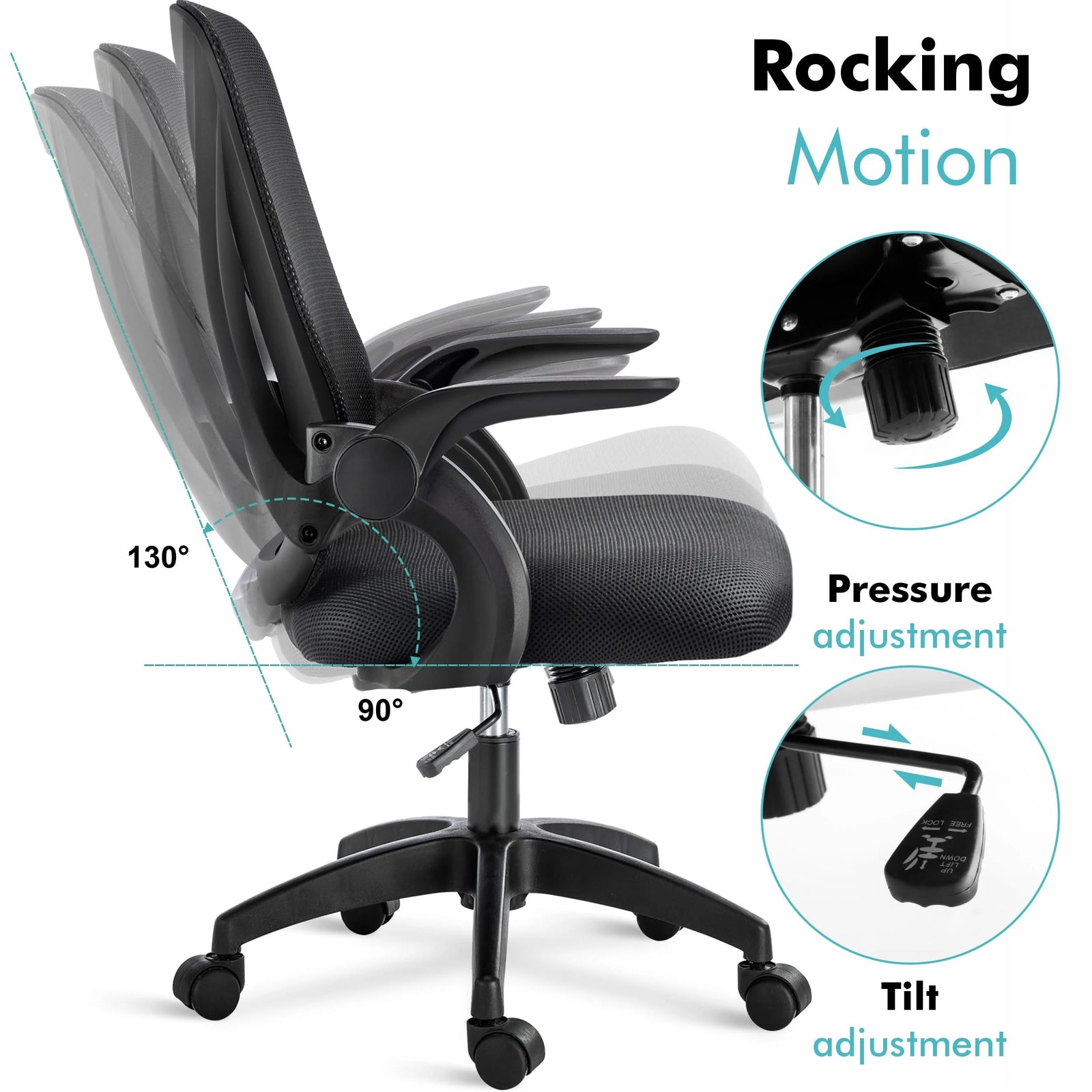 [Black] Adjustable office chair featuring height adjustment, tilt lock, and reclining option for ultimate comfort.