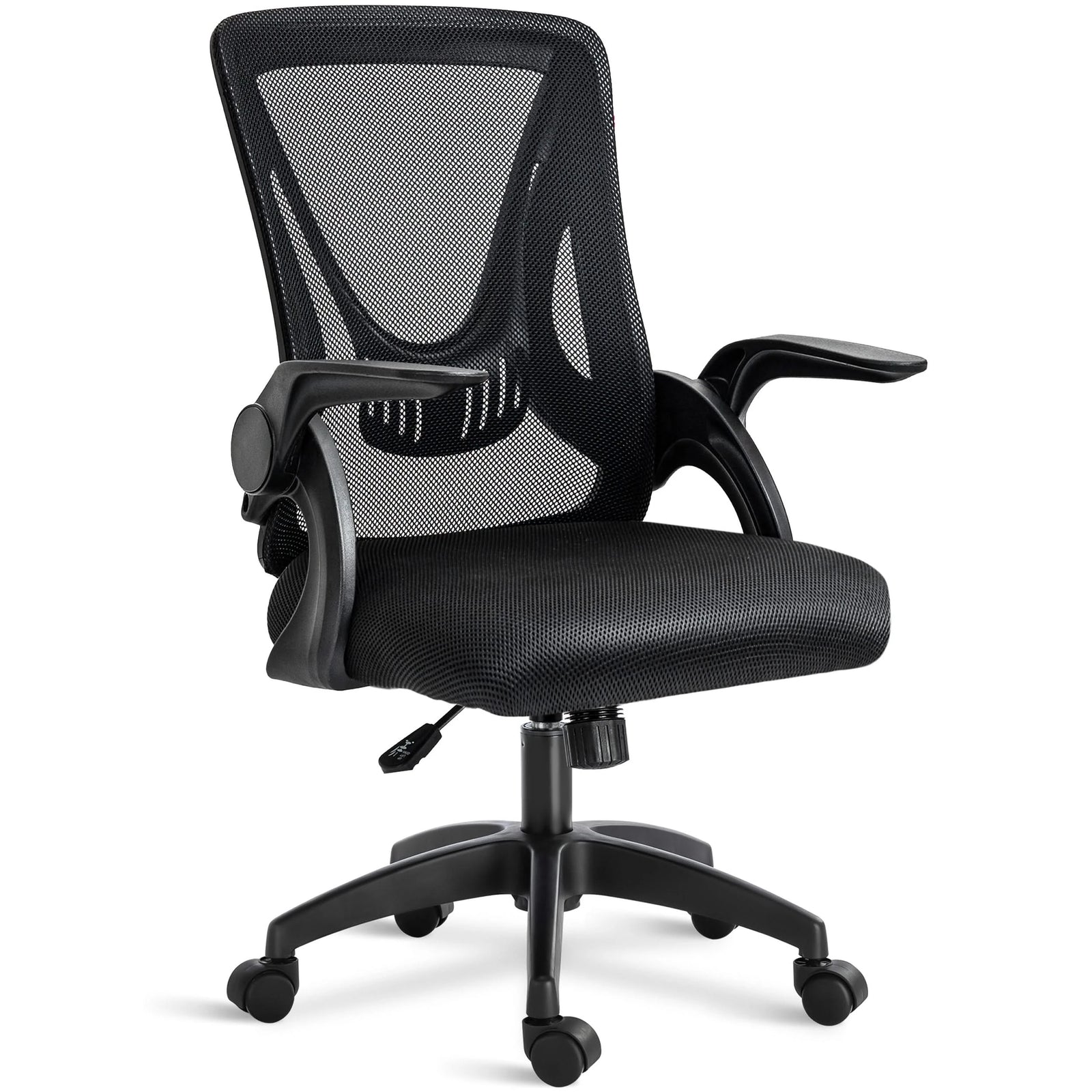 [Black] Mesh office chair near a workstation, offering ergonomic design with breathable backrest for comfort.