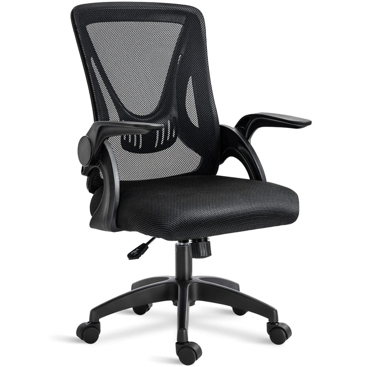 [Black] Mesh office chair near a workstation, offering ergonomic design with breathable backrest for comfort.