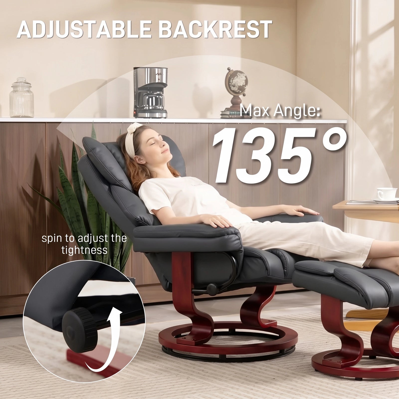 [Black - PU Leather] A recliner chair with an attached footrest shown in a styled living room.