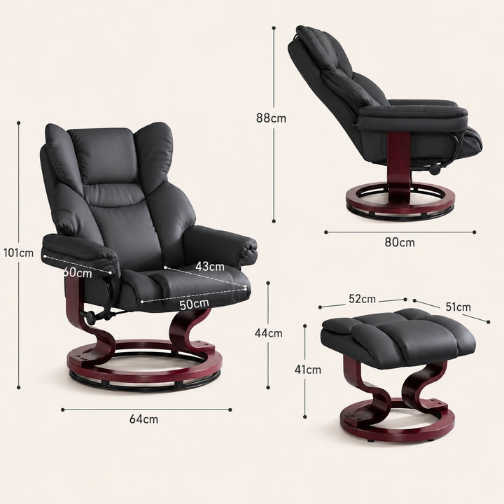 [Black - PU Leather] recliner chair with matching stool with dimension details of Chair H:101 cm, W:50 cm, D:43 cm and footstool H:41 cm, W:52 cm, and D:51 cm 