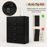 [Black] Feature graphic demonstrating the wall-mounting Anti-Tip Kit for the Black 5 Drawer Chest.