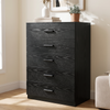 [Black] Angled view of the Black Tall 5 Drawer Chest of Drawers with wood grain finish.