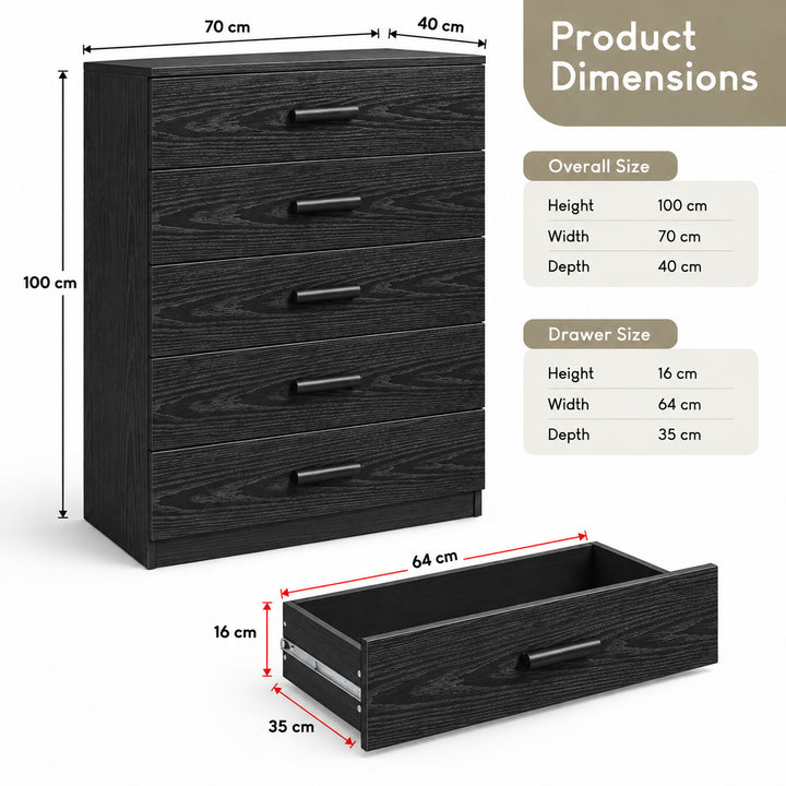 [Black] Dimensional diagram showing overall and drawer measurements for the Black 5 Drawer Chest.