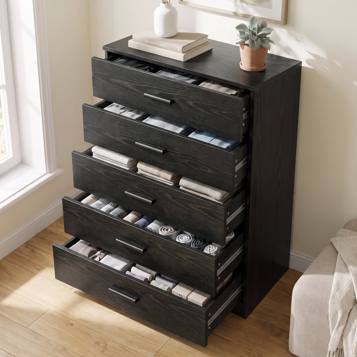 [Black] Front view of the Black Tall 5 Drawer Chest of Drawers with matching black handles.