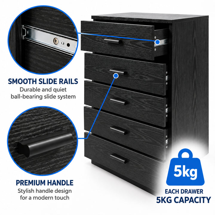 [Black] Feature graphic showcasing smooth slide rails, handles, and 5kg drawer capacity.