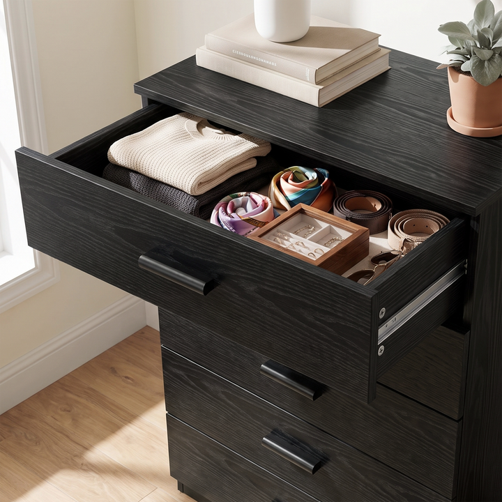 [Black] Top drawer of the Black Tall 5 Drawer Chest opened showing organized internal storage.
