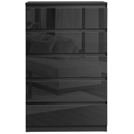 Black tall boy chest of drawers, offering vertical storage with a stylish and modern design.