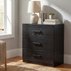 [Black] plain 3 drawer chest shown front facing against neutral wall, compact bedroom storage unit