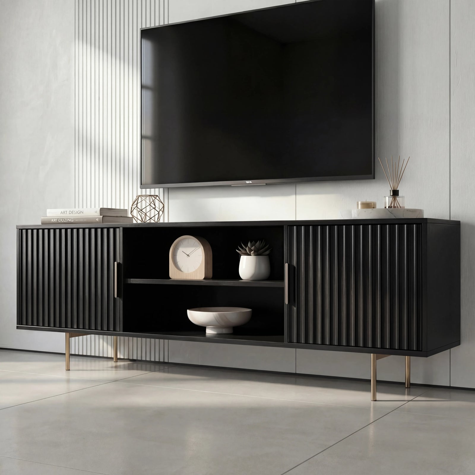 [Black]   Black 140cm TV unit at three-quarter angle, fluted door fronts and open centre with mantel clock and bowl