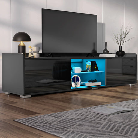 Modern black entertainment console with blue interior in a living room setting.