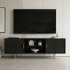 Black TV storage unit with vertical fluted doors and open shelves, offering a sleek, modern media storage solution.