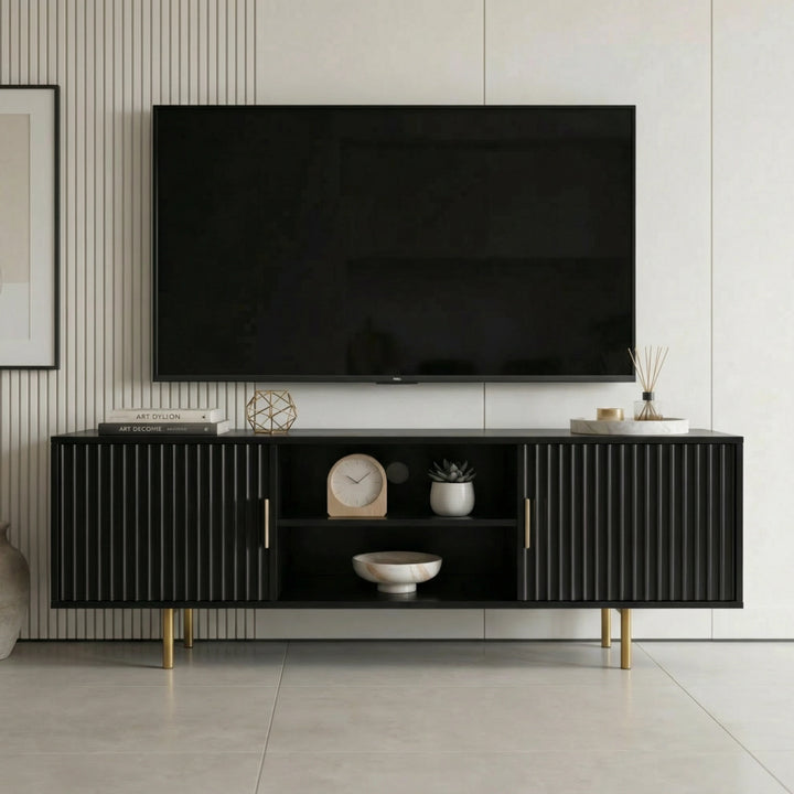 [Black] Black 180cm TV unit with vertical fluted side doors and central open shelf, large TV mounted above on light wall.