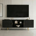 Black TV storage unit with vertical fluted doors and open shelves, offering a sleek, modern media storage solution.