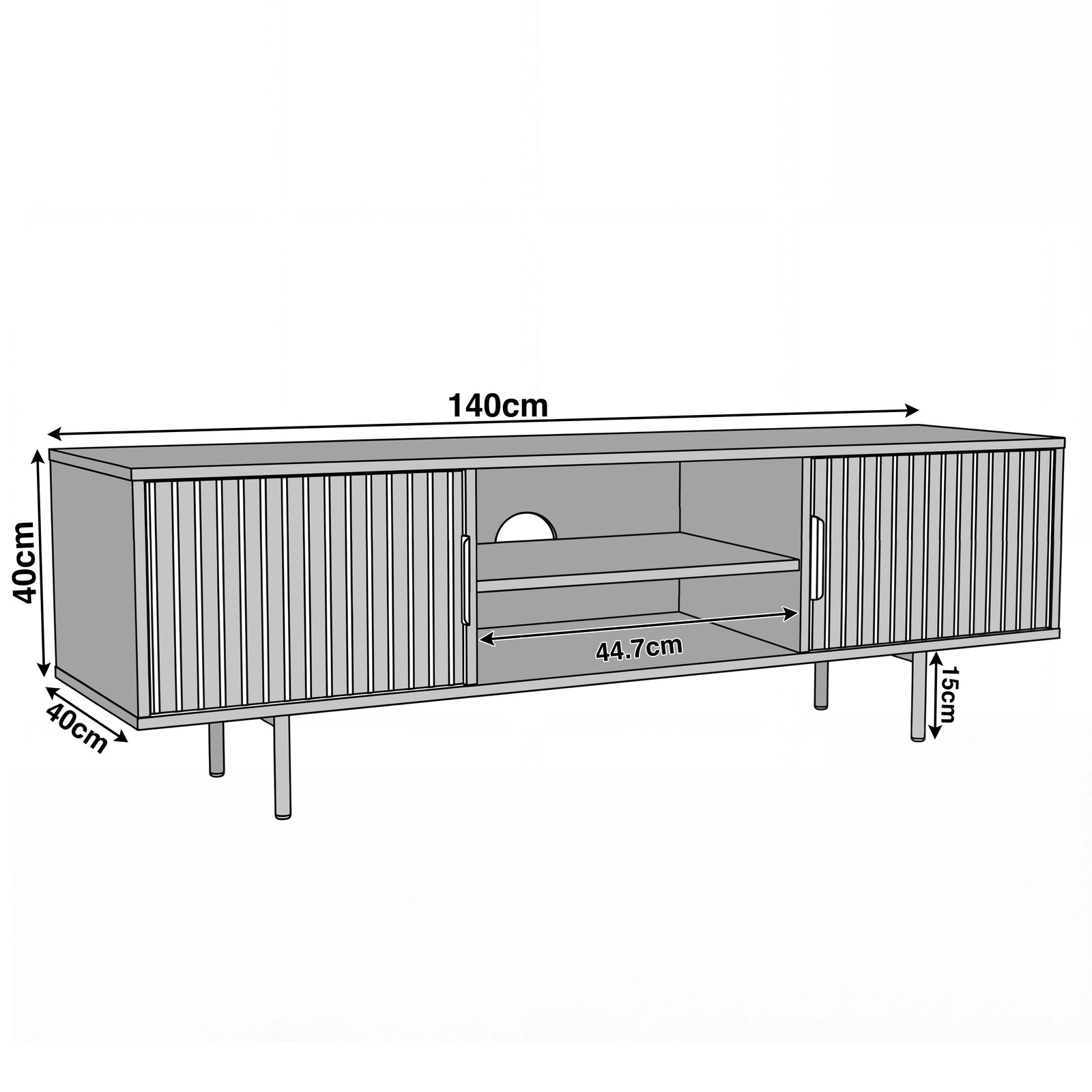 [Black]   Black Flutrina TV unit dimensions diagram: 140cm wide, 40cm deep, 40cm body plus 15cm legs, centre opening 44.7cm