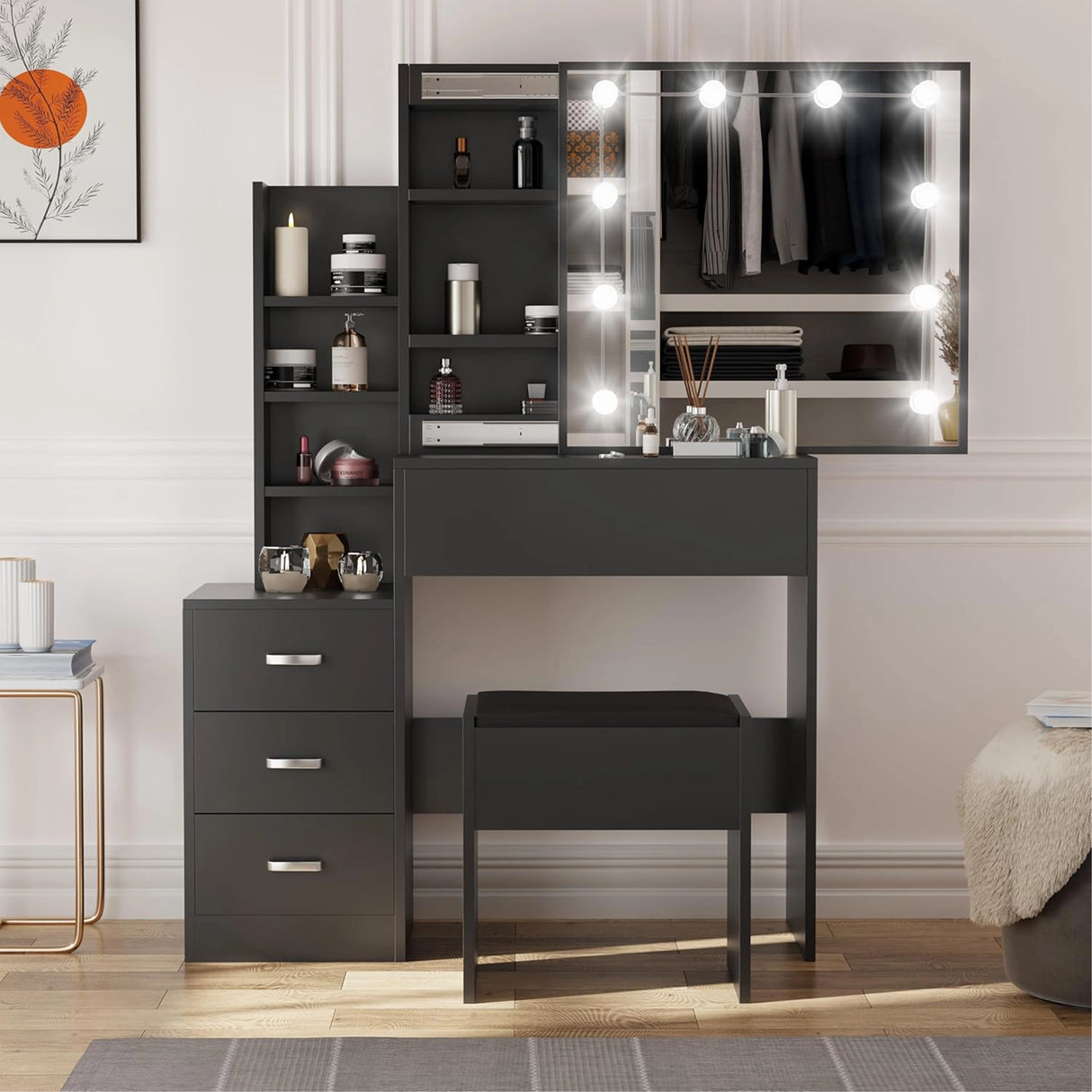 Black vanity desk with mirror and lights in a room setting