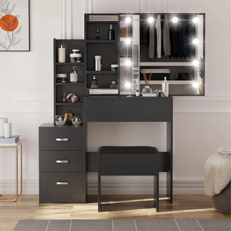 Black vanity desk with mirror and lights in a room setting