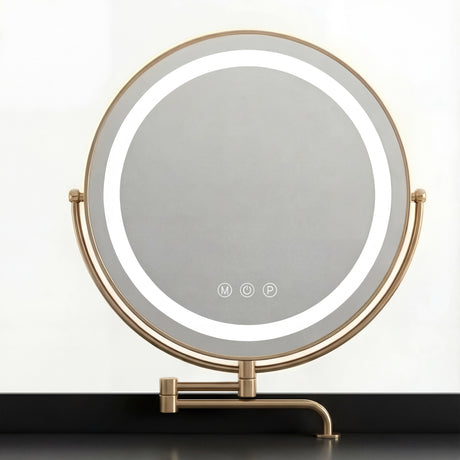A round mirror with integrated lighting on a black vanity table, featuring a sleek gold stand design with three colours