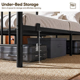 [Black | Double] Black metal bed 32cm under-bed clearance shown with suitcases and a storage box beneath the metal slat frame