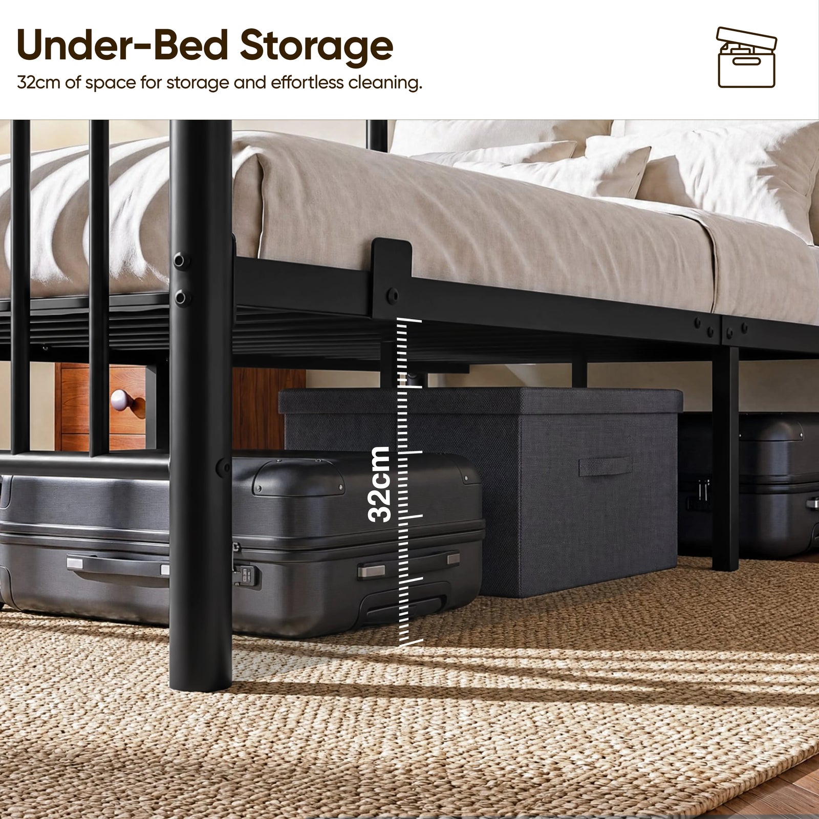 [Black | Double] Black metal bed 32cm under-bed clearance shown with suitcases and a storage box beneath the metal slat frame
