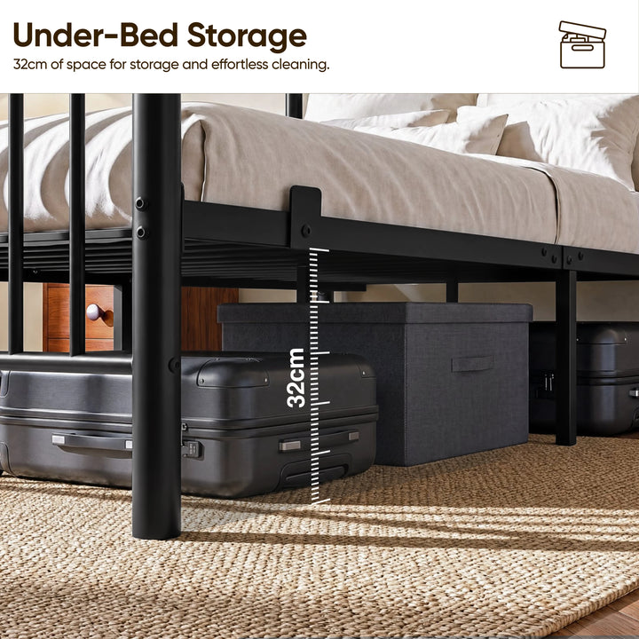 [Black | Double] Black metal bed 32cm under-bed clearance shown with suitcases and a storage box beneath the metal slat frame