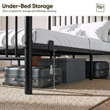 [Black | Double] Black metal bed 32cm under-bed clearance shown with suitcases and a storage box beneath the metal slat frame