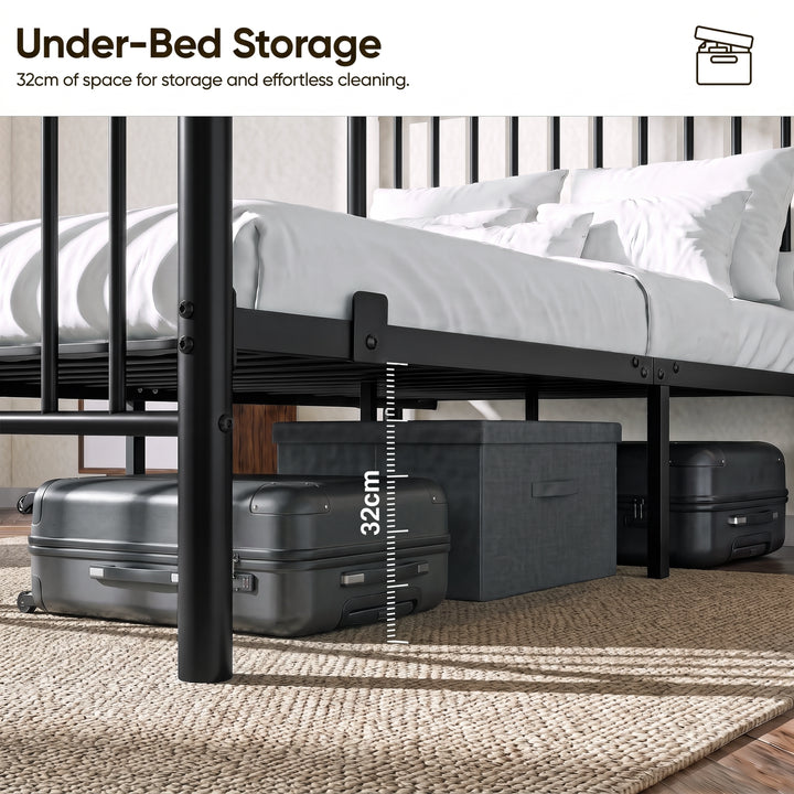[Black | Double] Black metal bed 32cm under-bed clearance shown with suitcases and a storage box beneath the metal slat frame